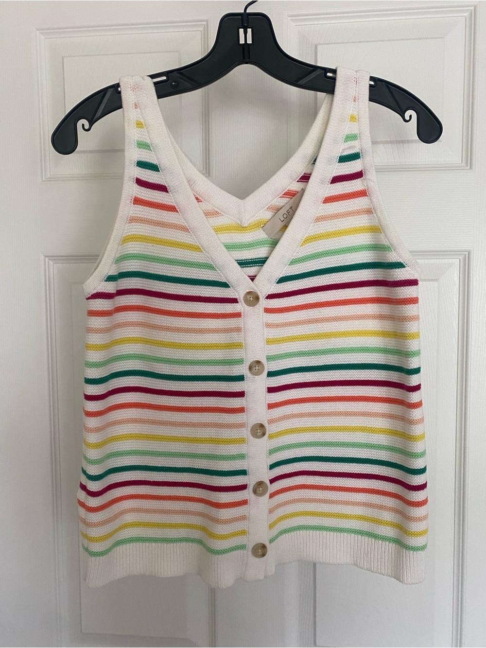 LOFT Rainbow Striped V-Neck Button Tank Top - White Multi